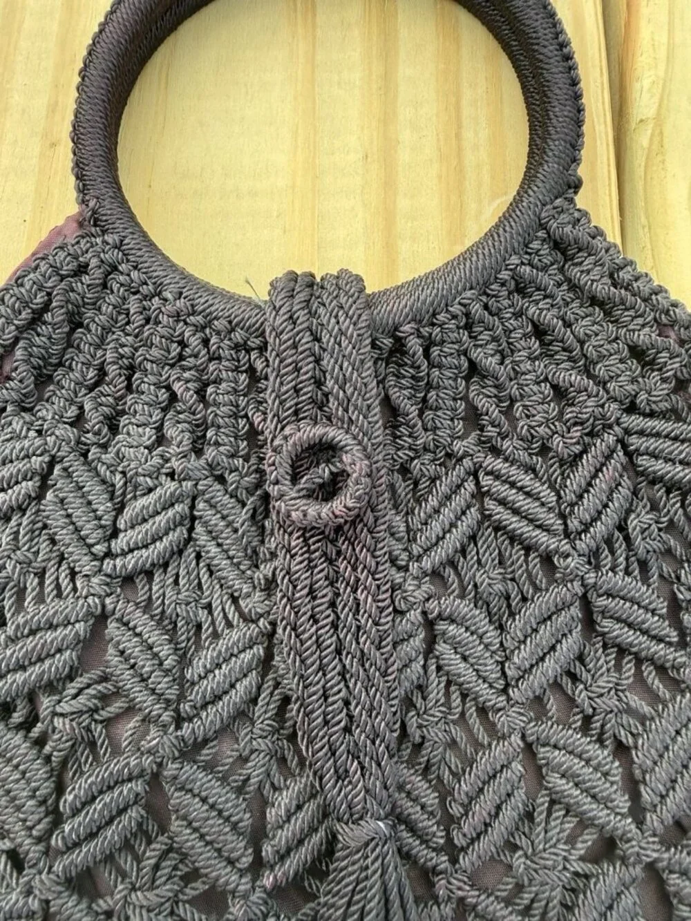Vintage 70s black crochet top handle fringe bag festival indie retro